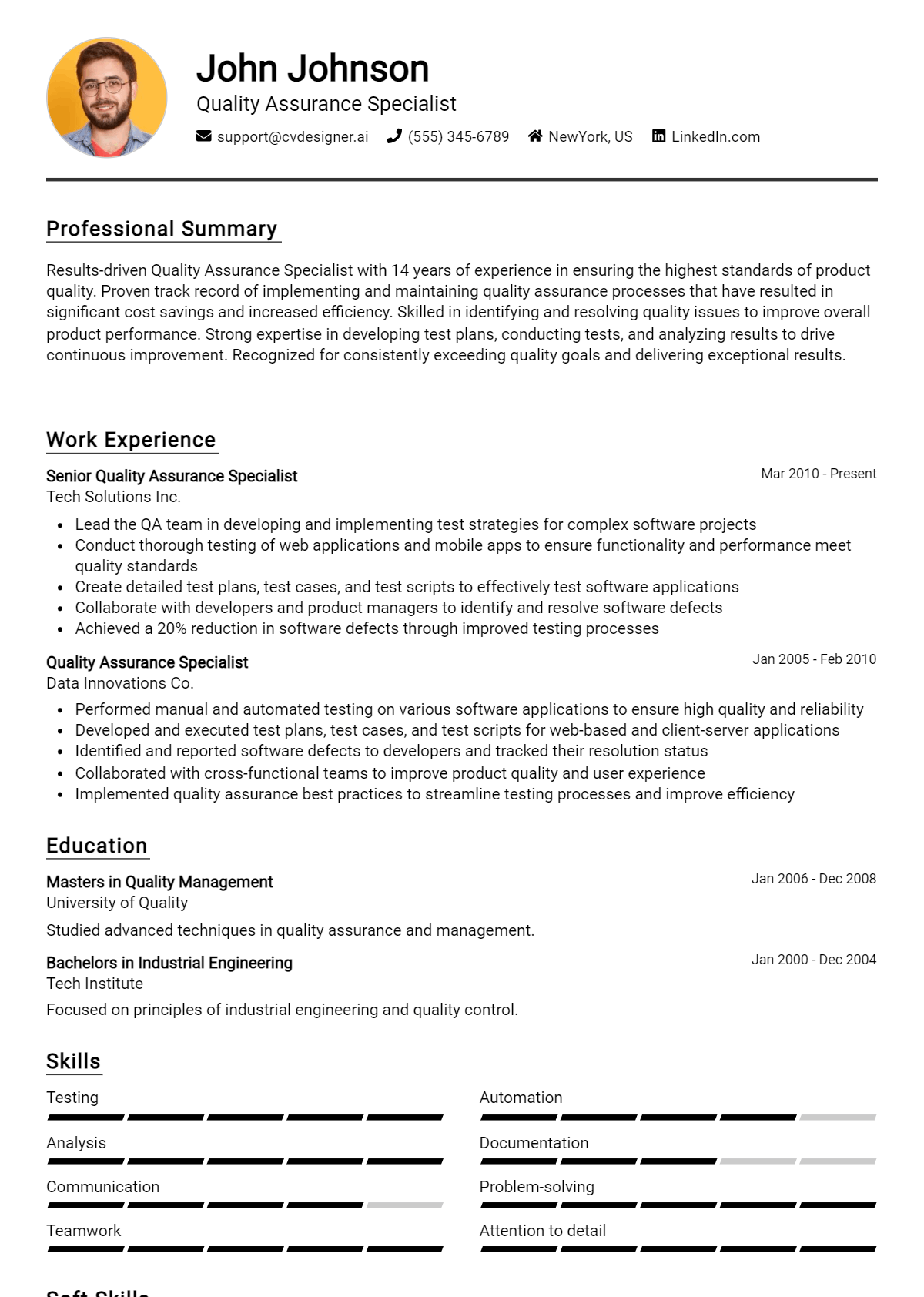 Quality Assurance Specialist Resume Example for 2026: Free Professional Templates Preview