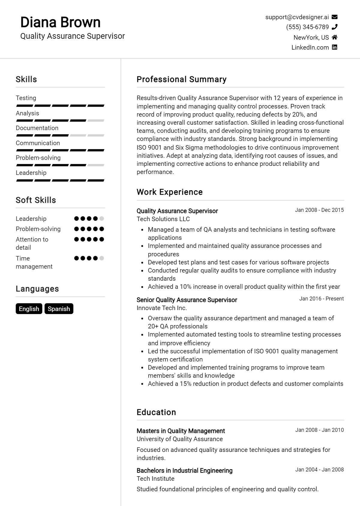 Quality Assurance Supervisor Resume Example for 2026: How to Craft a Winning CV Preview
