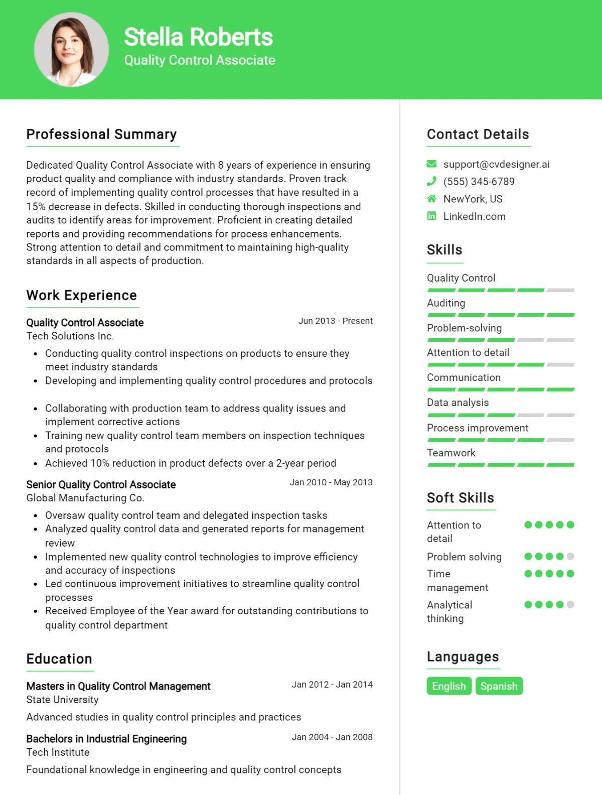Quality Control Associate CV Example For 2026: Free Professional Templates Preview