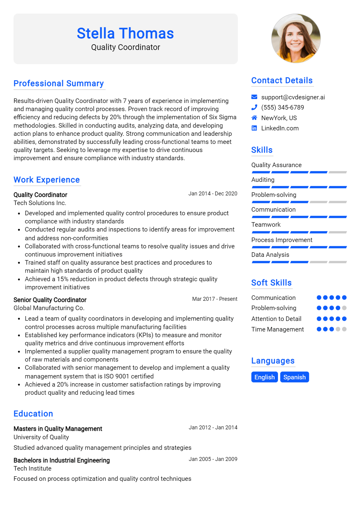 Quality Coordinator Resume Example for 2026: Top CV Skills Preview