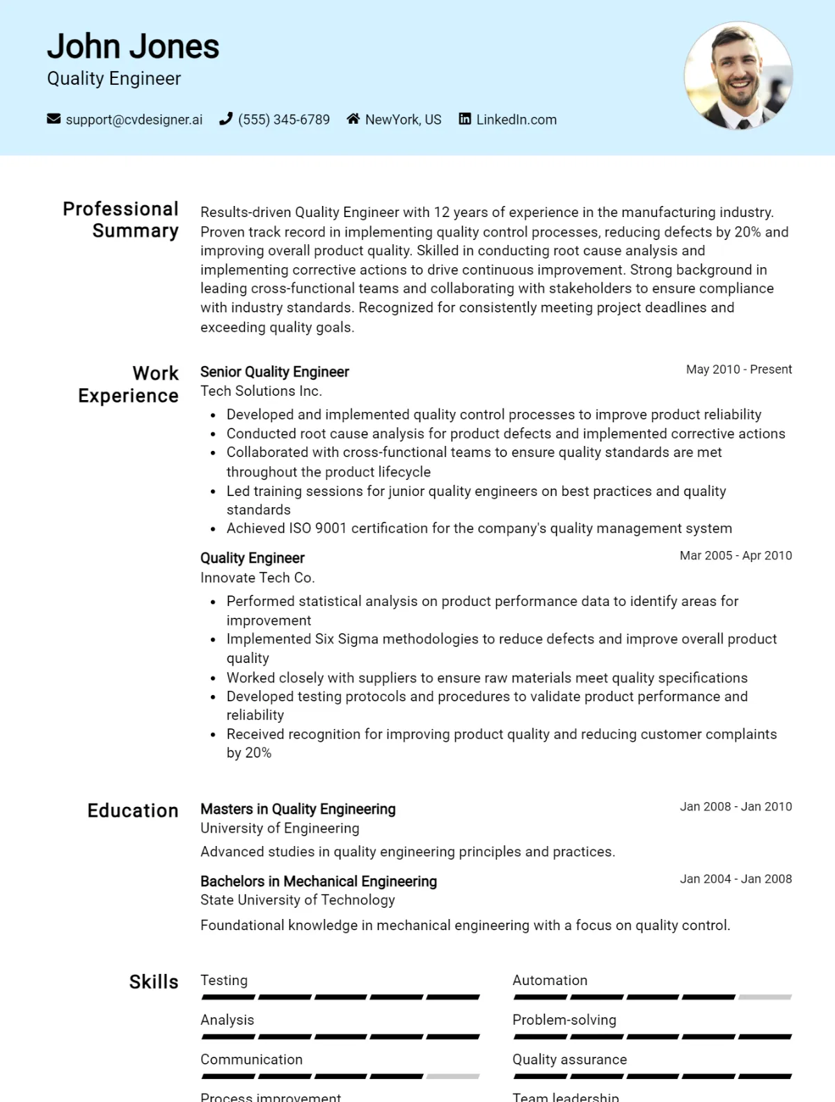 Quality Engineer CV Example For 2026: Best Writing Guide Preview
