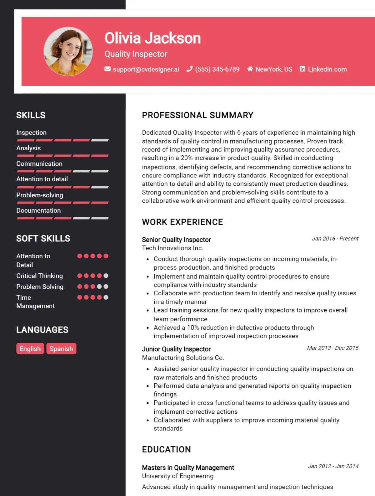 Quality Inspector CV Example For 2026: How to Create a Professional CV Preview