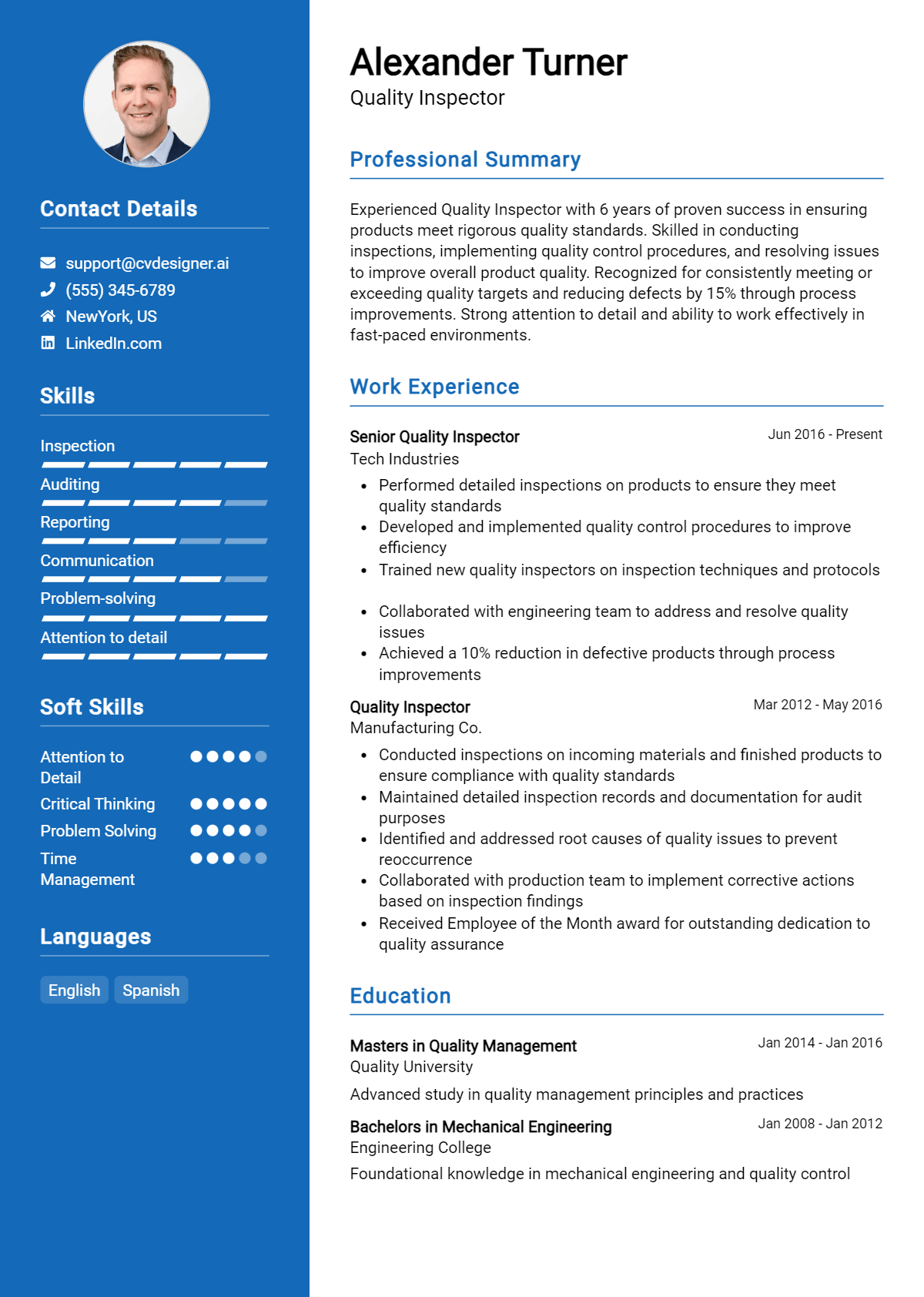 Quality Inspector Resume Example for 2026: Professional CV Templates Preview