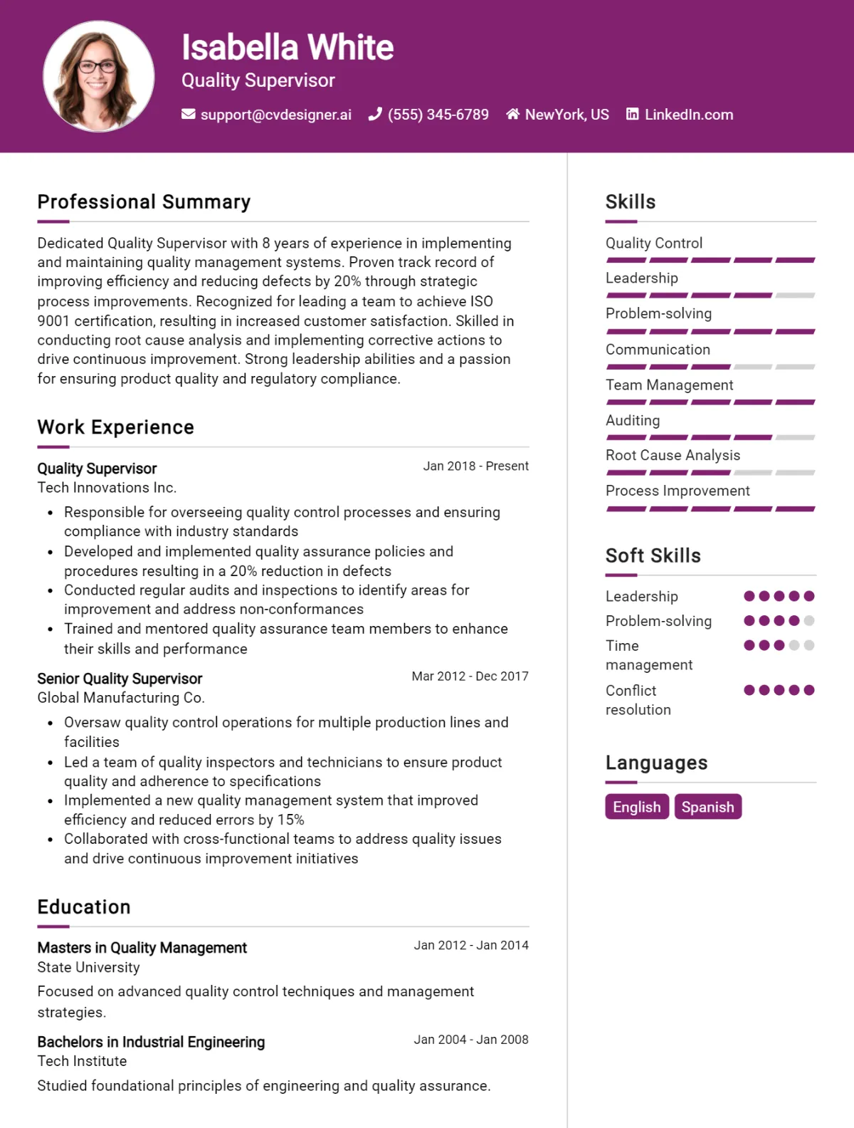 Quality Supervisor CV Example For 2026: Examples & Free Templates Preview