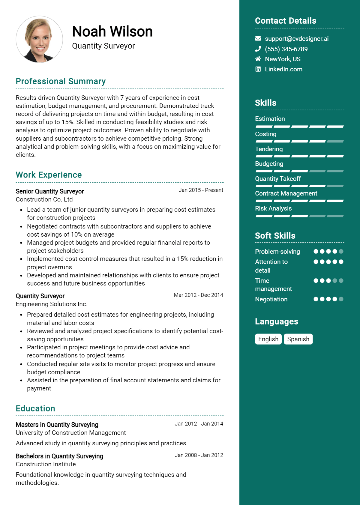 Quantity Surveyor Resume Example for 2026: Professional CV Templates Preview