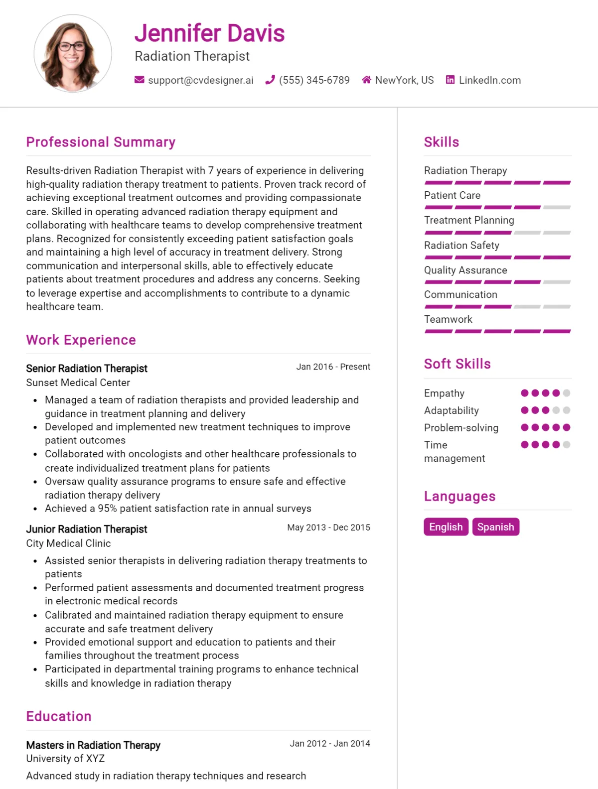 Radiation Therapist CV Example For 2026: Examples & Free Templates Preview