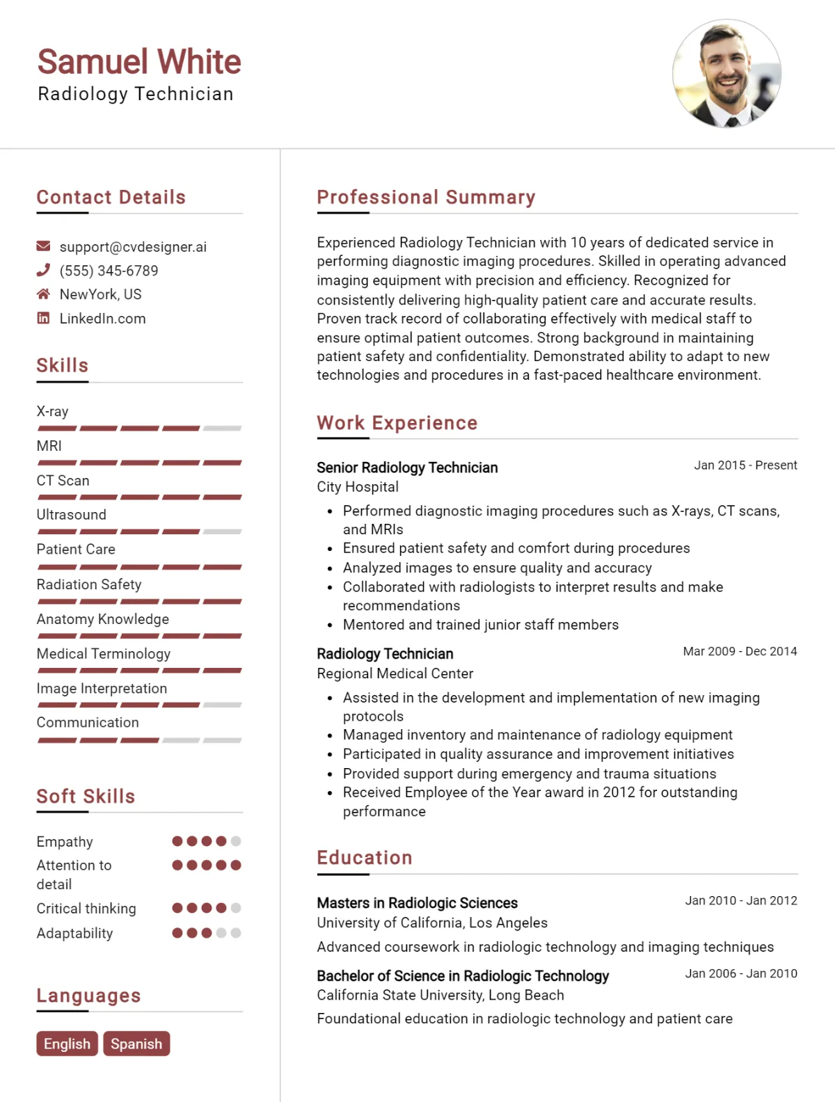 Radiology Technician CV Example For 2026: Examples & Free Templates Preview