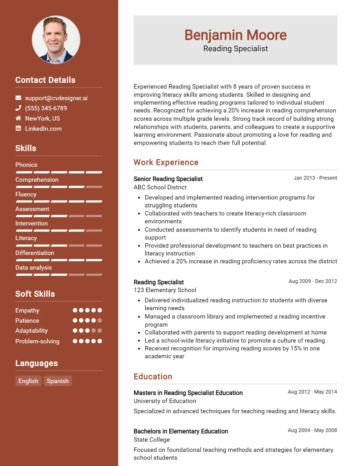 Reading Specialist CV Example For 2026: Free Downloadable Templates Preview