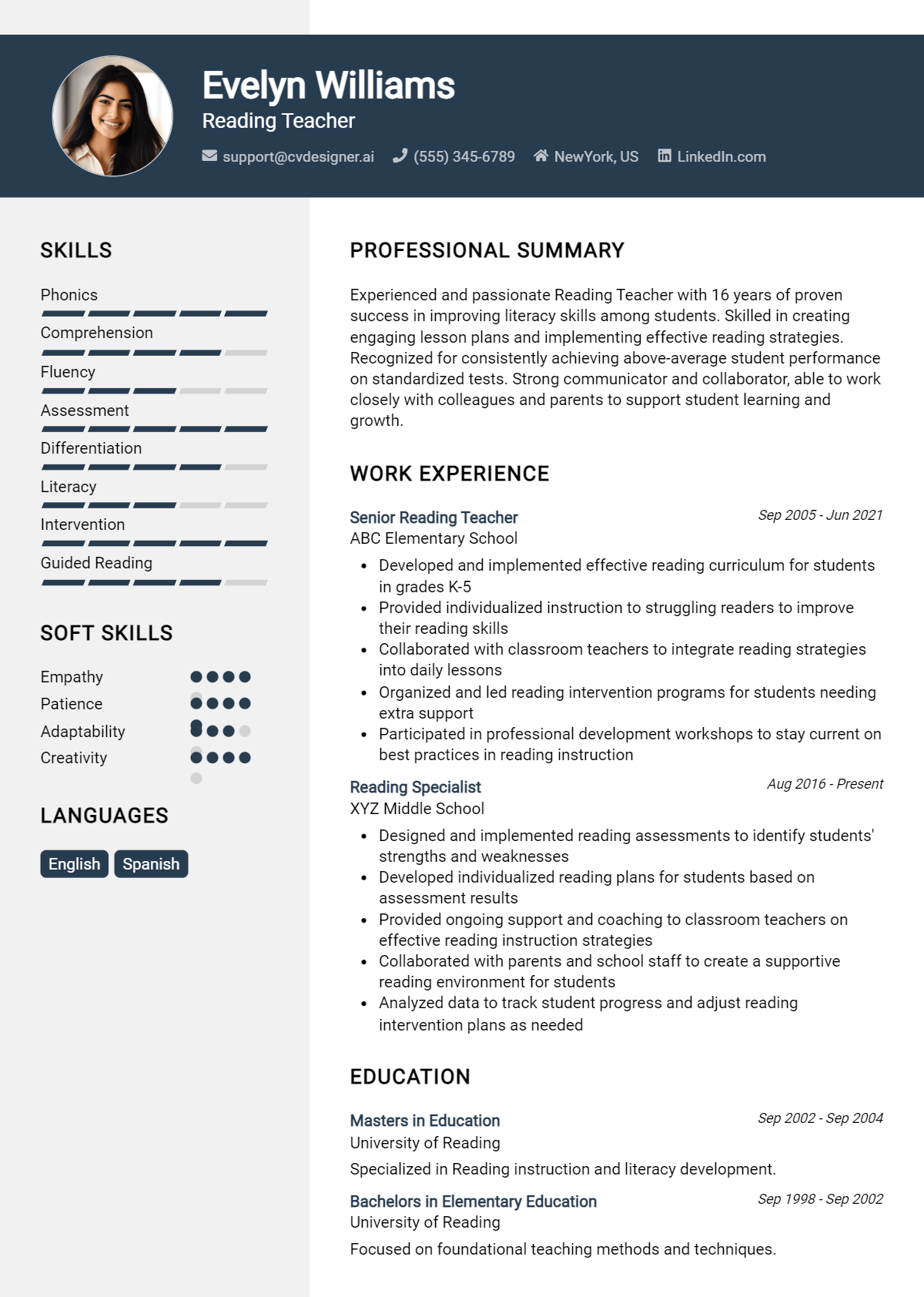 Reading Teacher Resume Example for 2026: Examples & Free Templates Preview