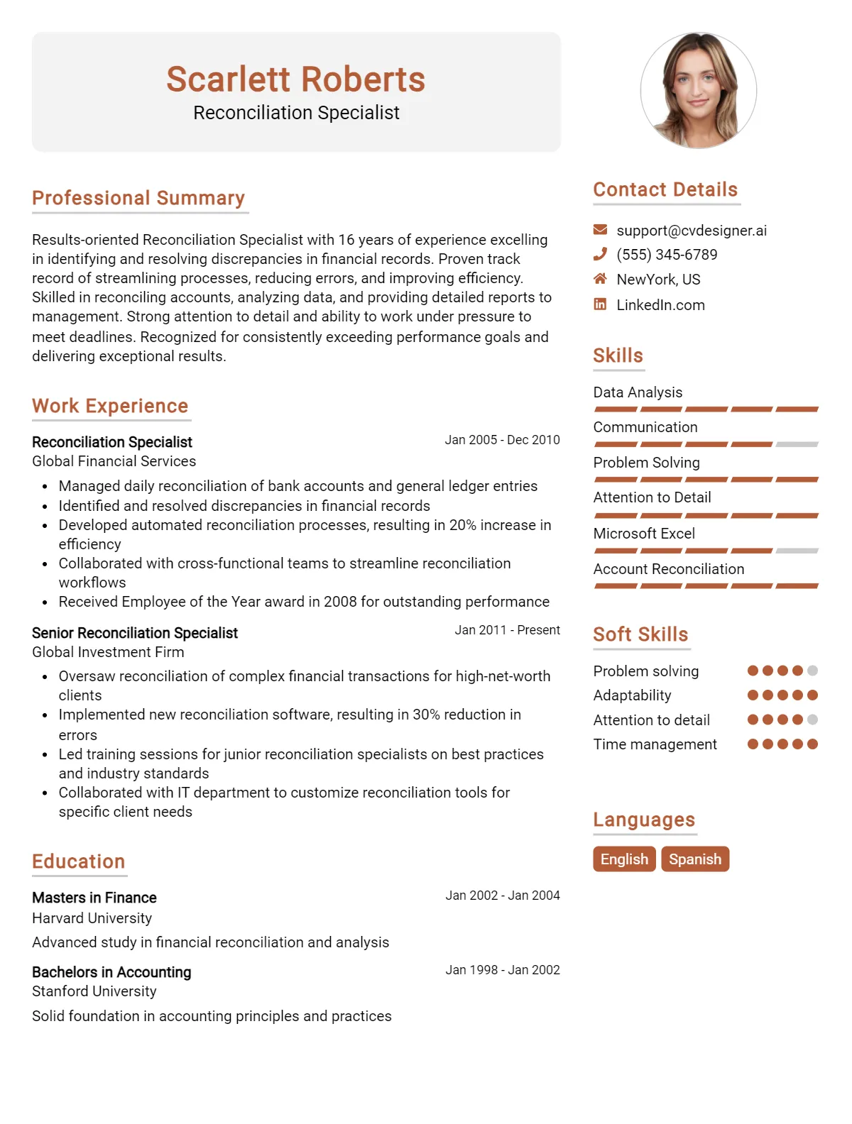 Reconciliation Specialist CV Example For 2026: Effective CV Writing Tips Preview