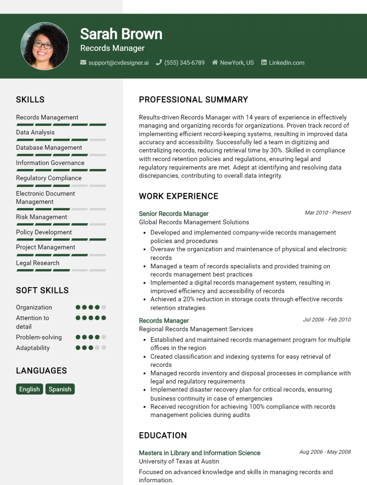 Records Manager CV Example For 2026: Professional CV Templates Preview