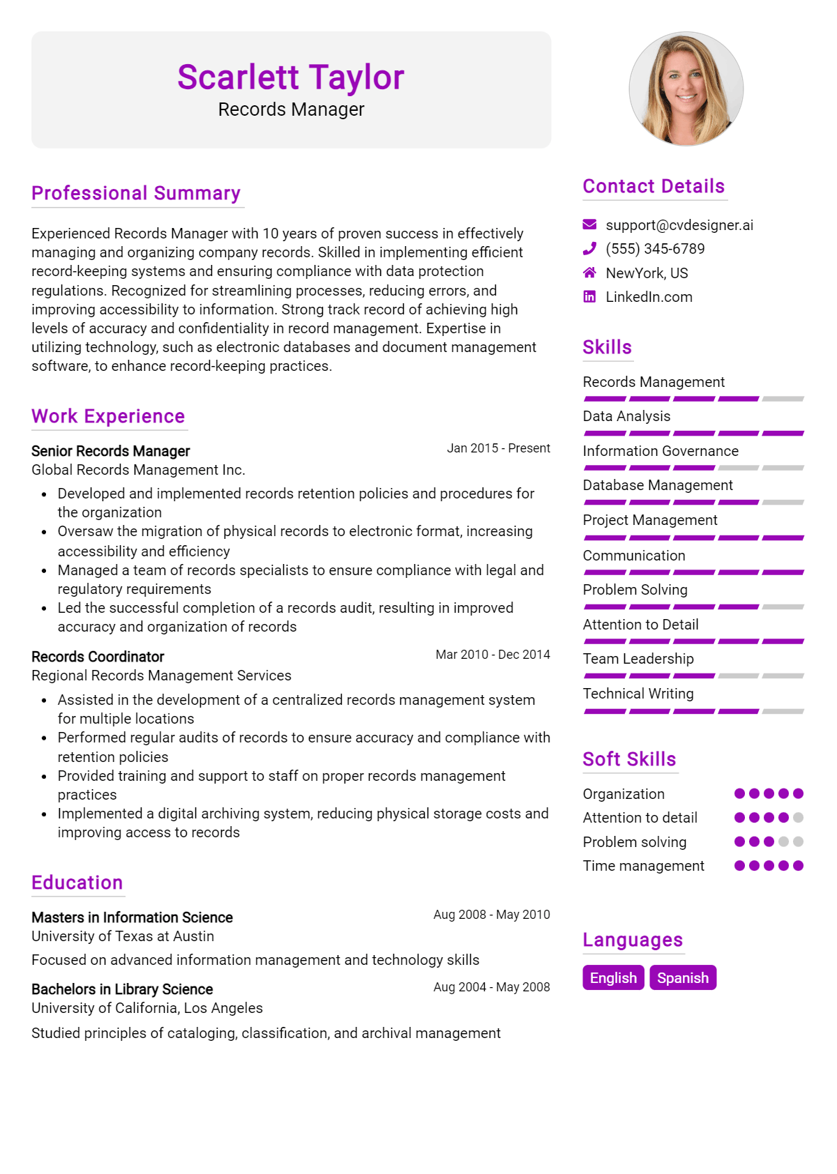 Records Manager Resume Example for 2026: Free Guide Preview