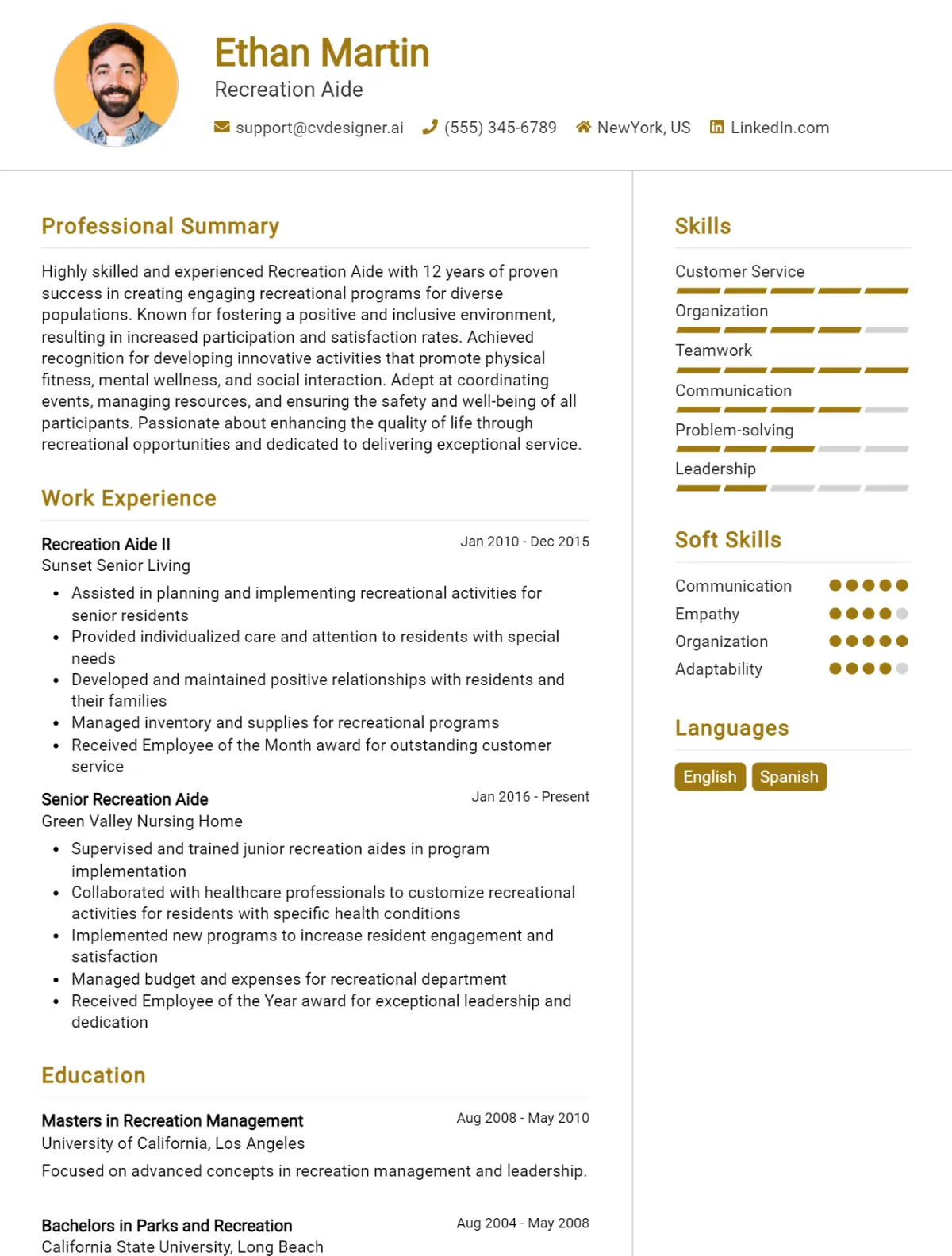 Recreation Aide CV Example For 2026: Effective CV Writing Tips Preview
