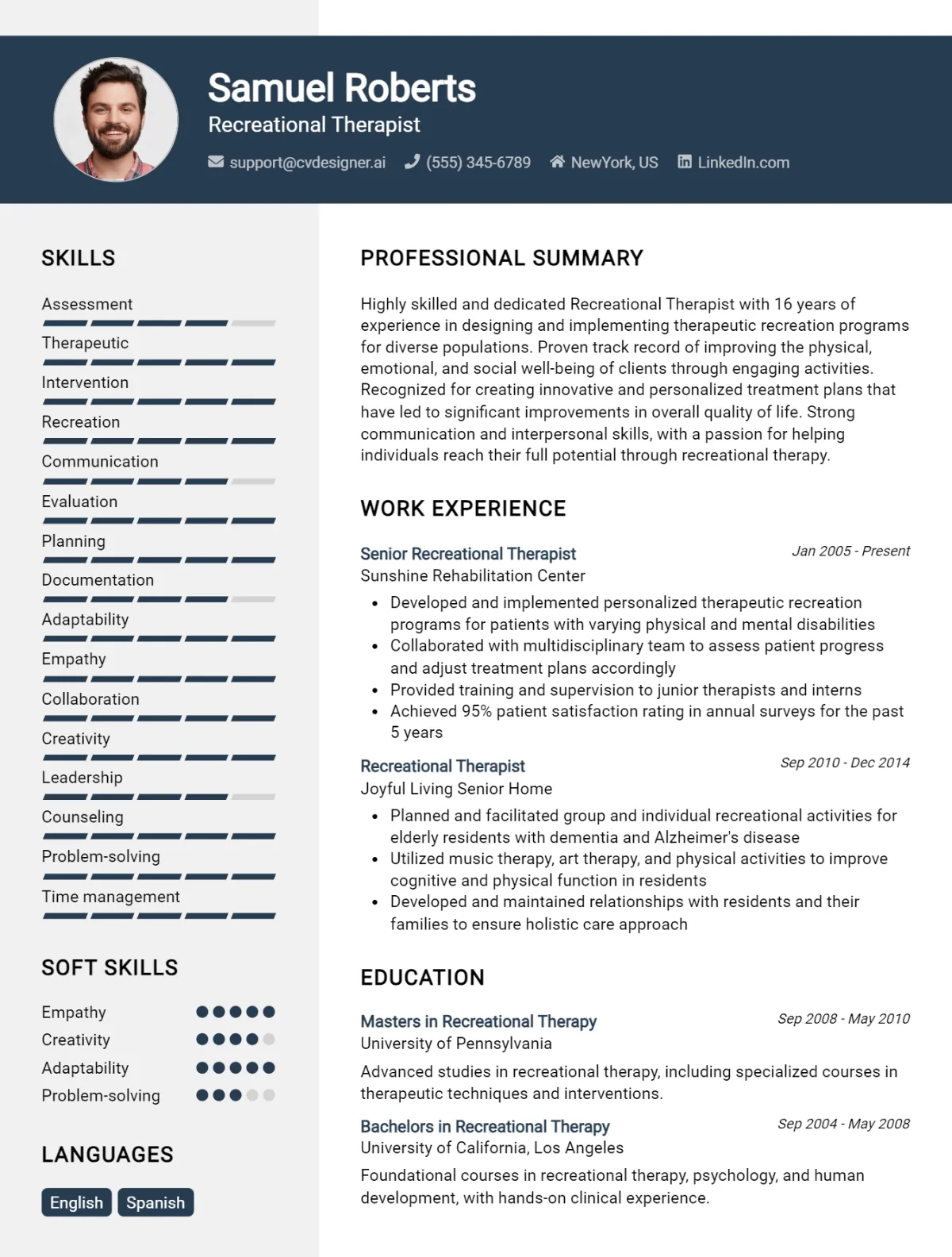 Recreational Therapist CV Example For 2026: Best Tips & Templates Preview