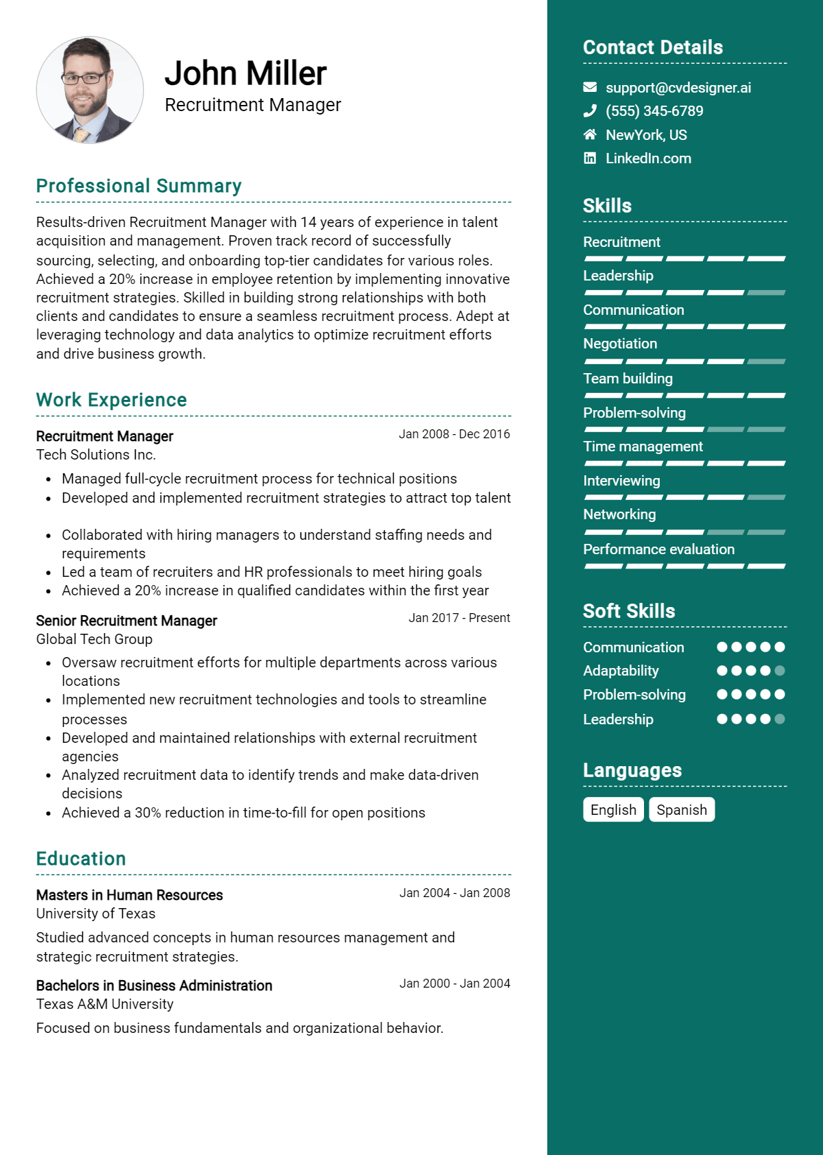 Recruitment Manager Resume Example for 2026: Free Examples Preview
