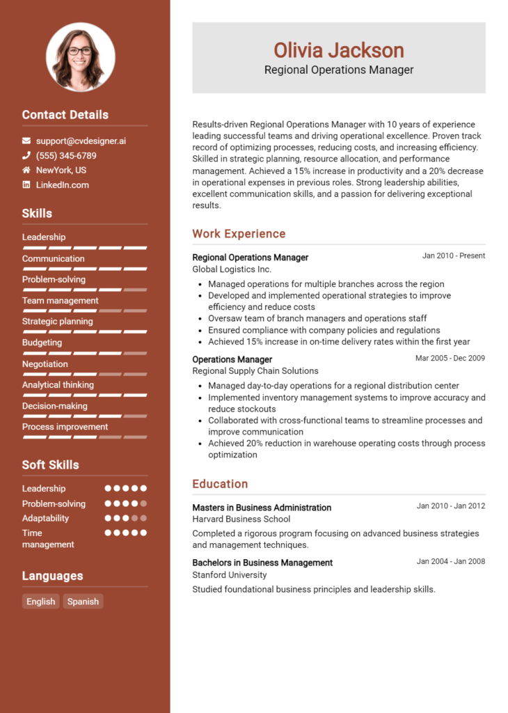 Regional Operations Manager Resume Example