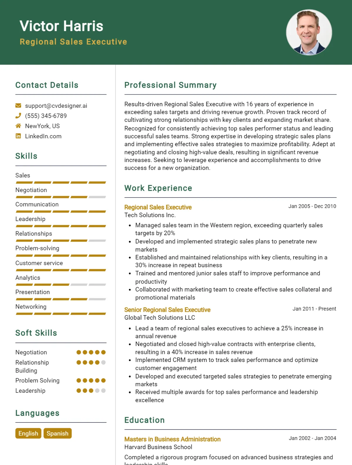 Regional Sales Executive CV Example For 2026: Top CV Skills Preview