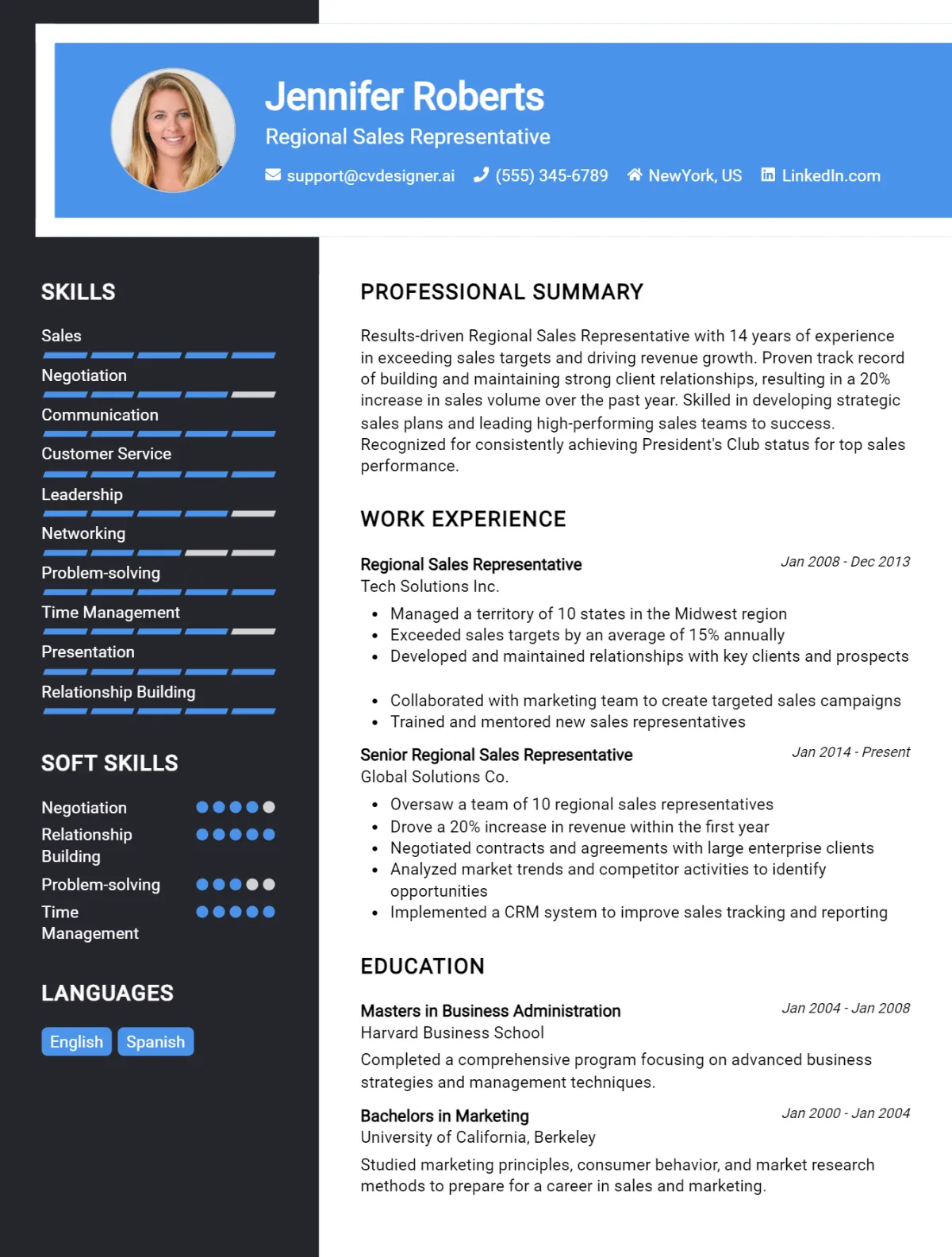 Regional Sales Representative CV Example For 2026: Top CV Skills Preview