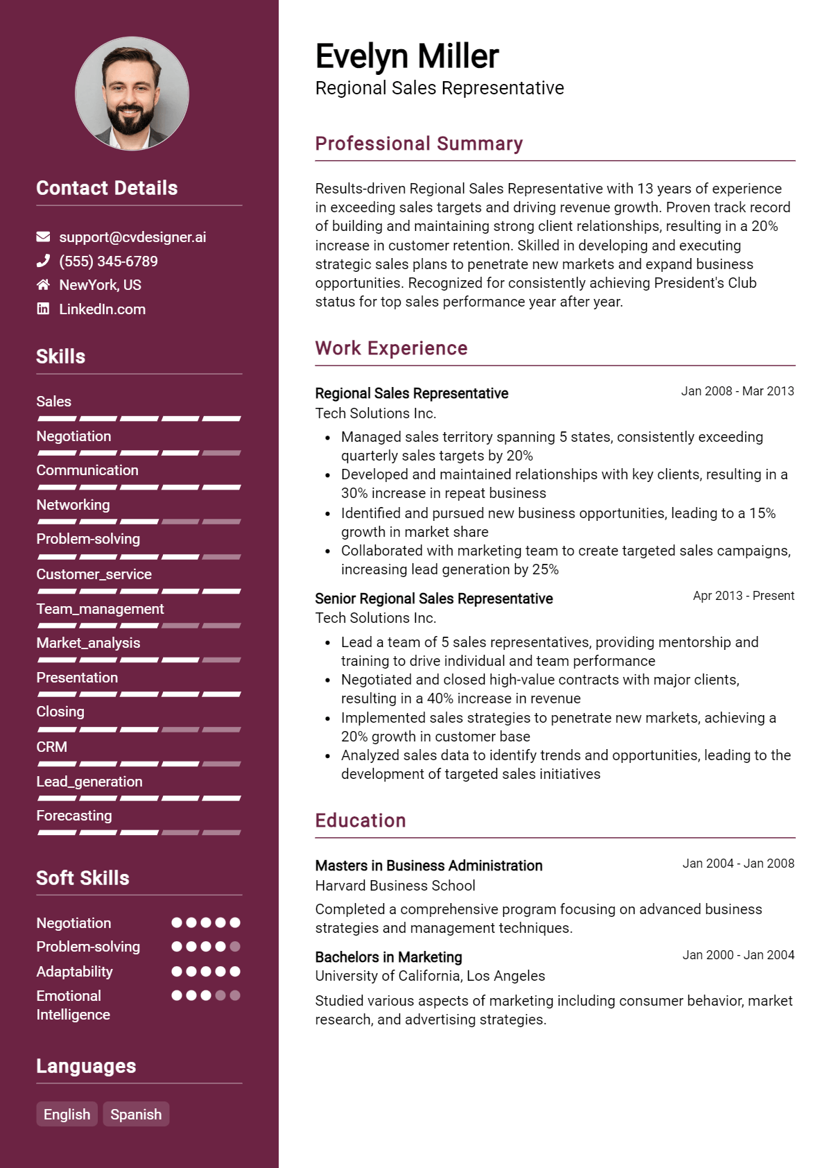 Regional Sales Representative Resume Example for 2026: Top CV Skills Preview