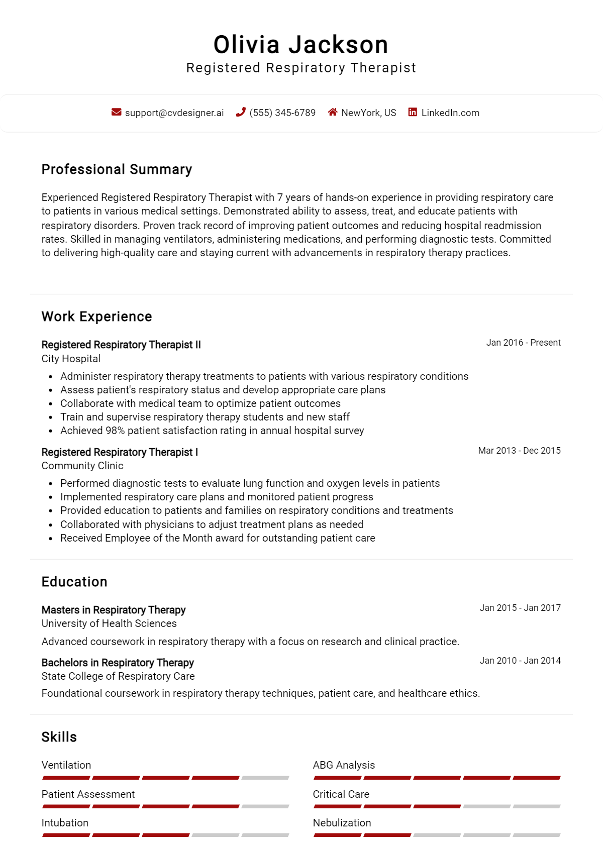 Registered Respiratory Therapist Resume Example for 2026: How to Create a Professional CV Preview