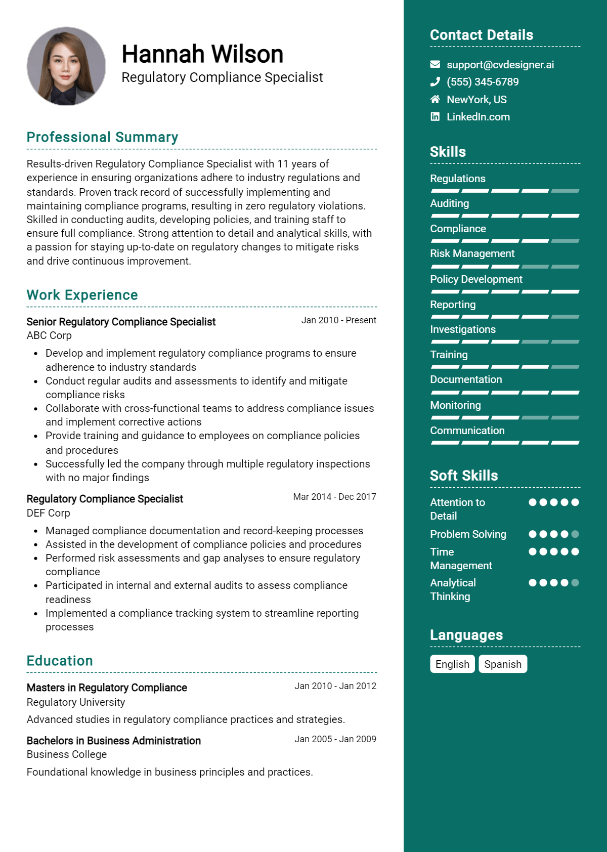 Regulatory Compliance Specialist Resume Example for 2026: How to Create a Professional CV Preview