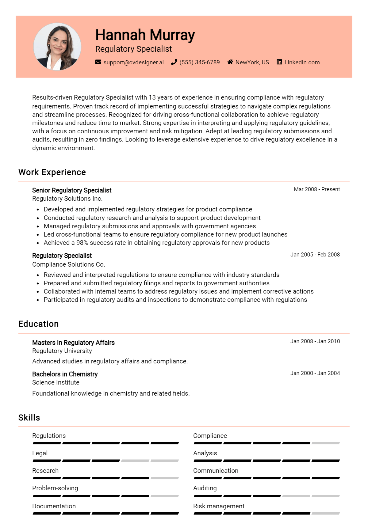 Regulatory Specialist Resume Example for 2026: How to Craft a Winning CV Preview