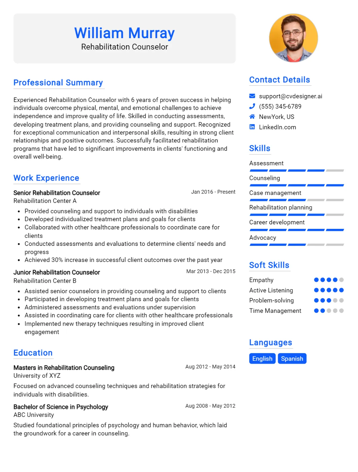 Rehabilitation Counselor CV Example For 2026: Examples & Free Templates Preview