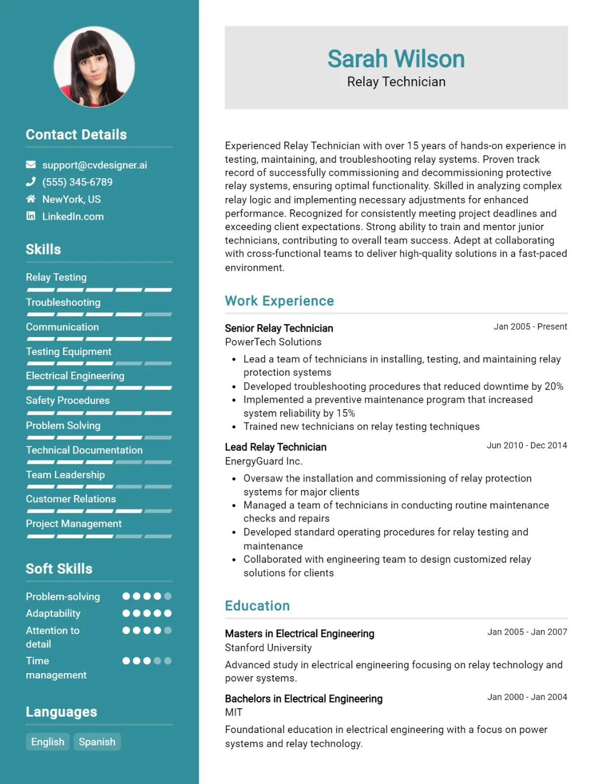 Relay Technician CV Example For 2026: Professional CV Templates Preview