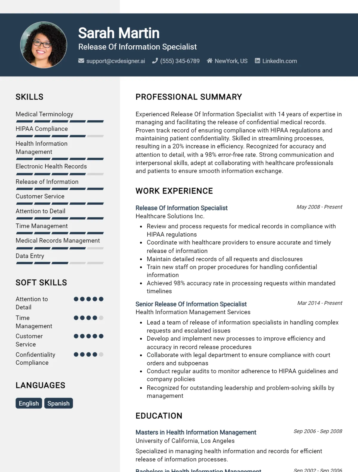 Release Of Information Specialist CV Example For 2026: Tips & Templates Preview