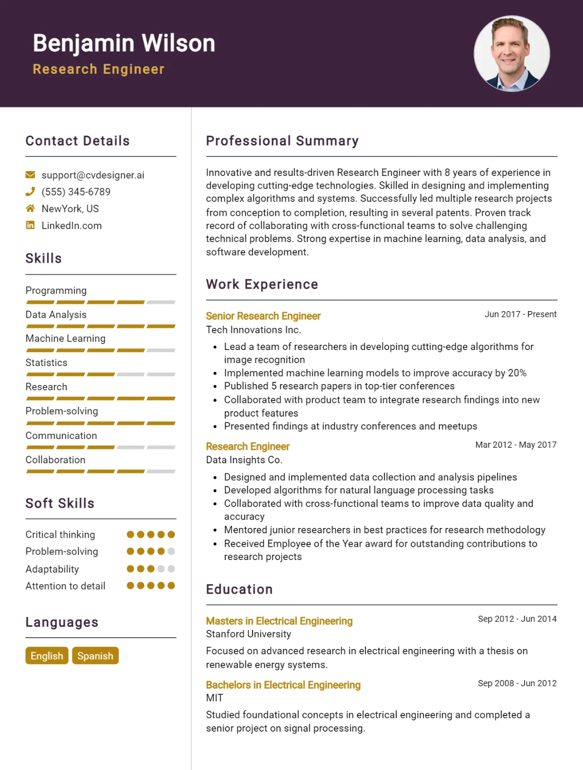 Research Engineer CV Example For 2026: Free Professional Templates Preview