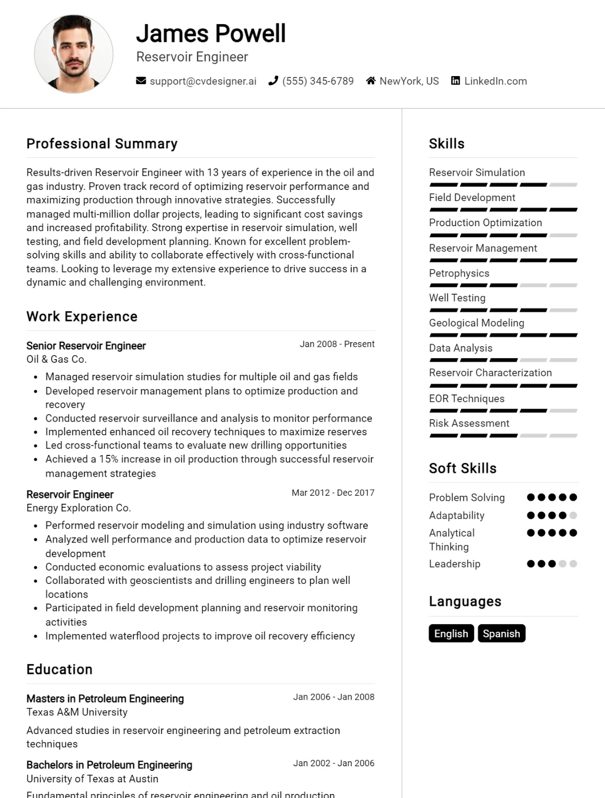 Reservoir Engineer CV Example For 2026: Ultimate Guide Preview