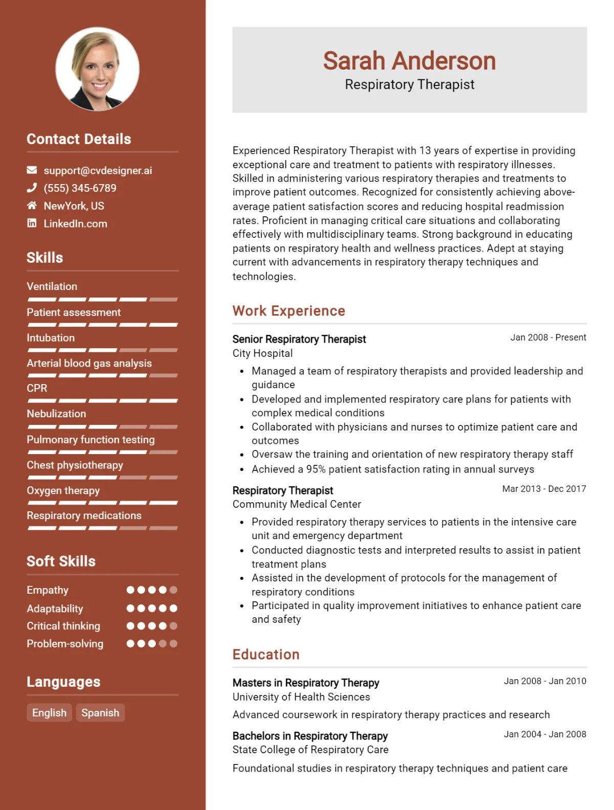 Respiratory Therapist CV Example For 2026: Professional CV Templates Preview