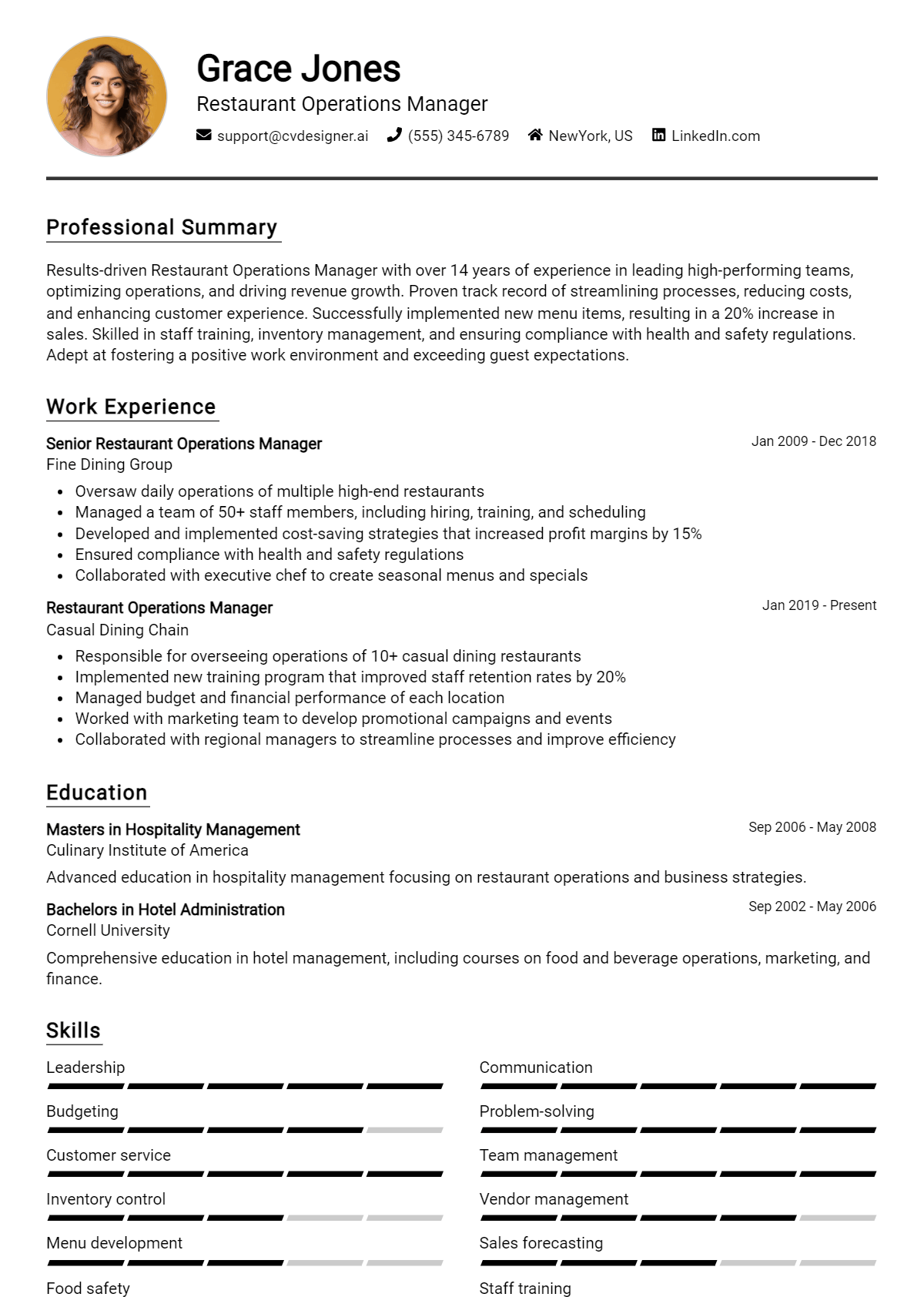 Restaurant Operations Manager Resume Example for 2026: Top CV Skills Preview