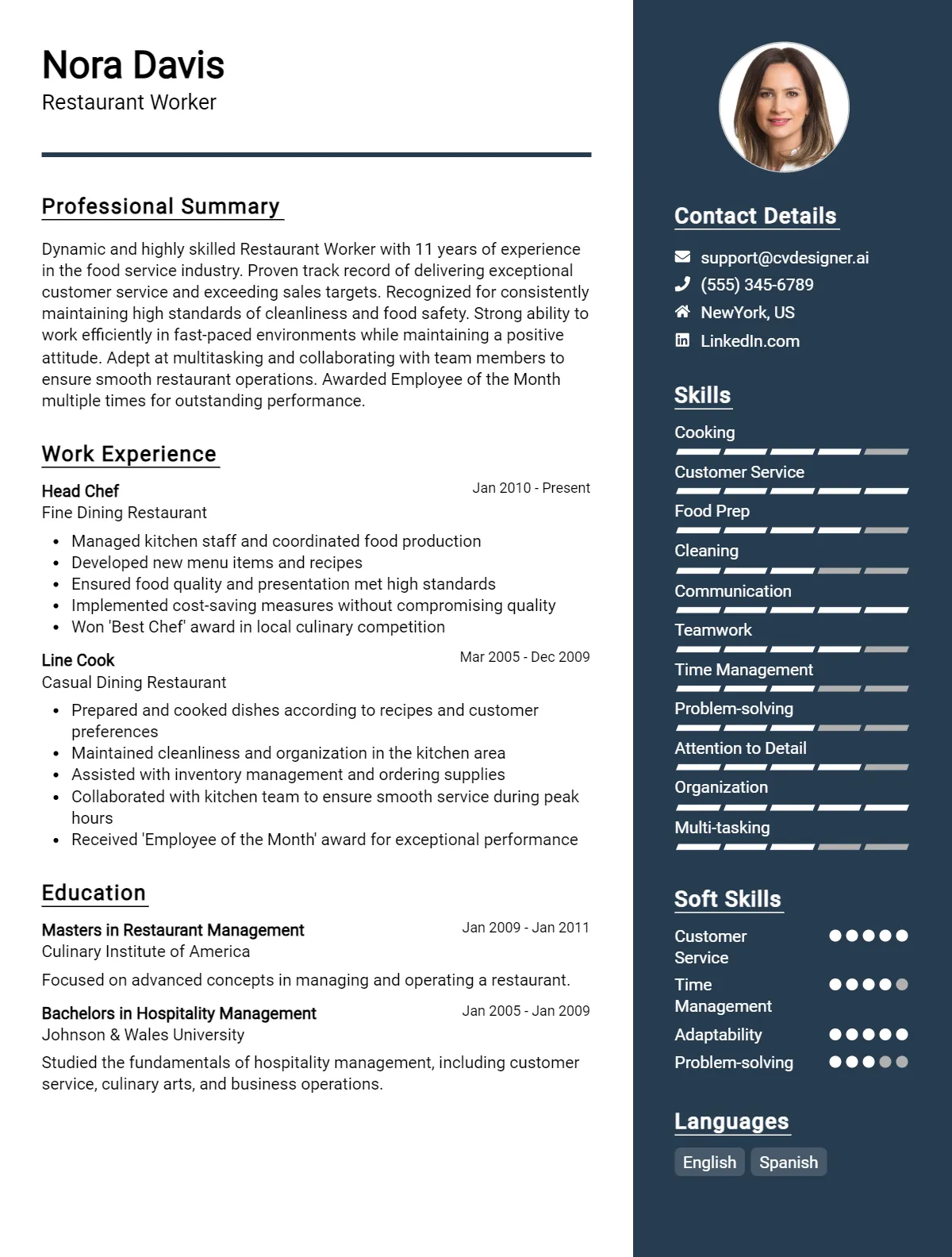 Restaurant Worker CV Example For 2026: Professional CV Templates Preview
