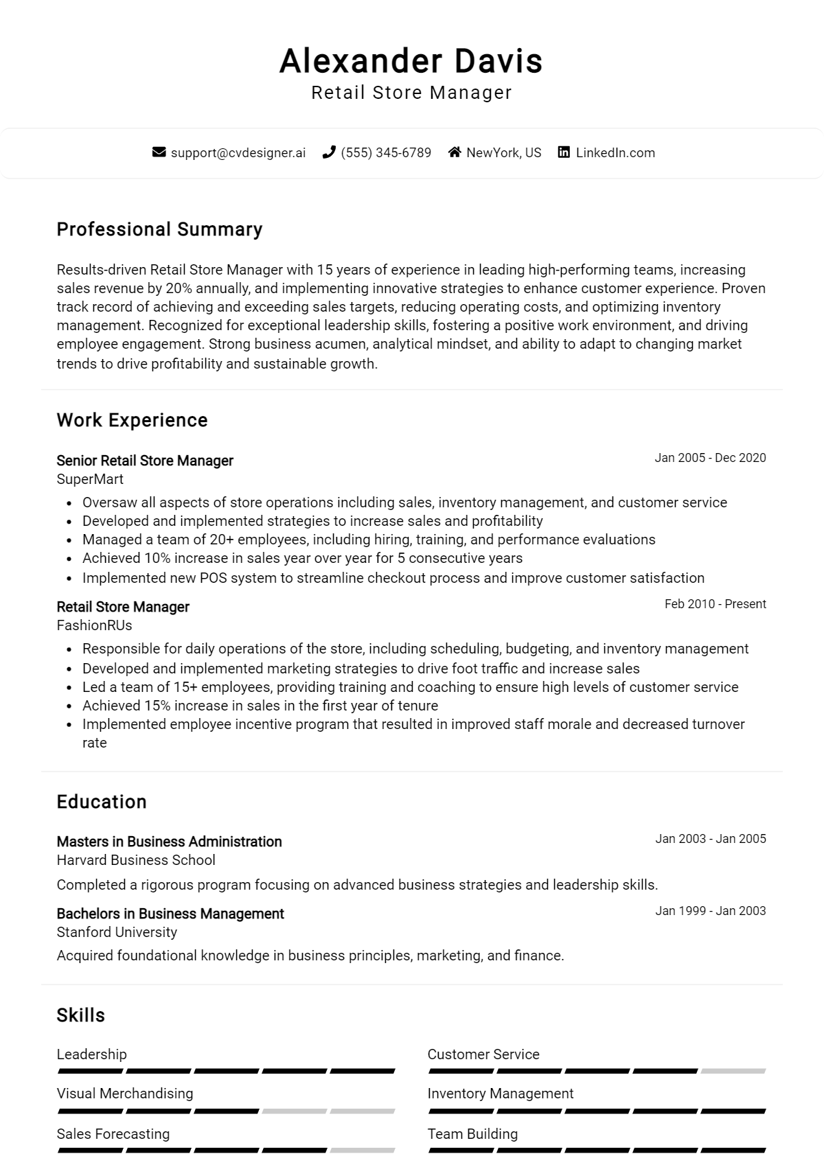 Retail Store Manager Resume Example for 2026: Examples & Free Templates Preview
