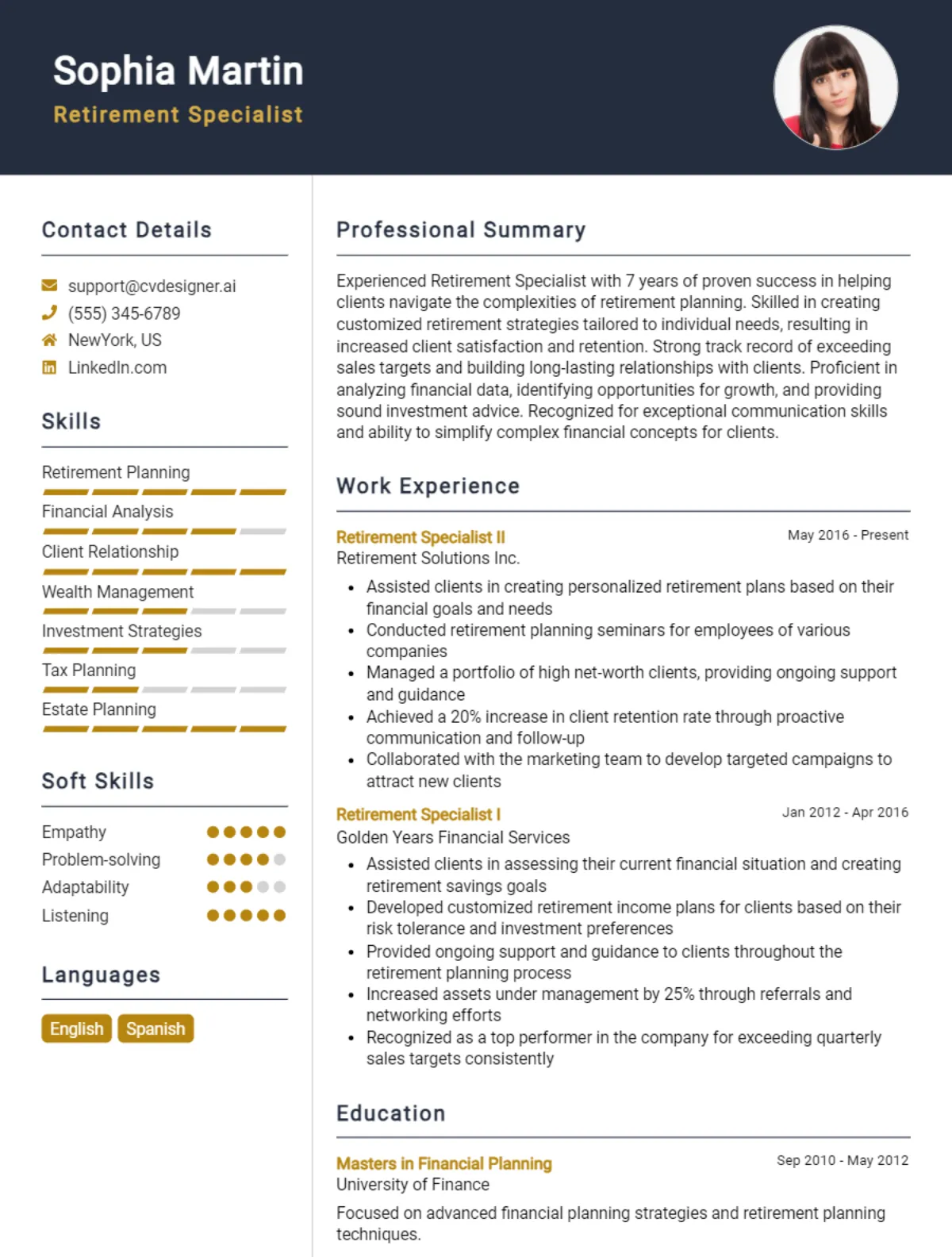 Retirement Specialist CV Example For 2026: Examples & Free Templates Preview