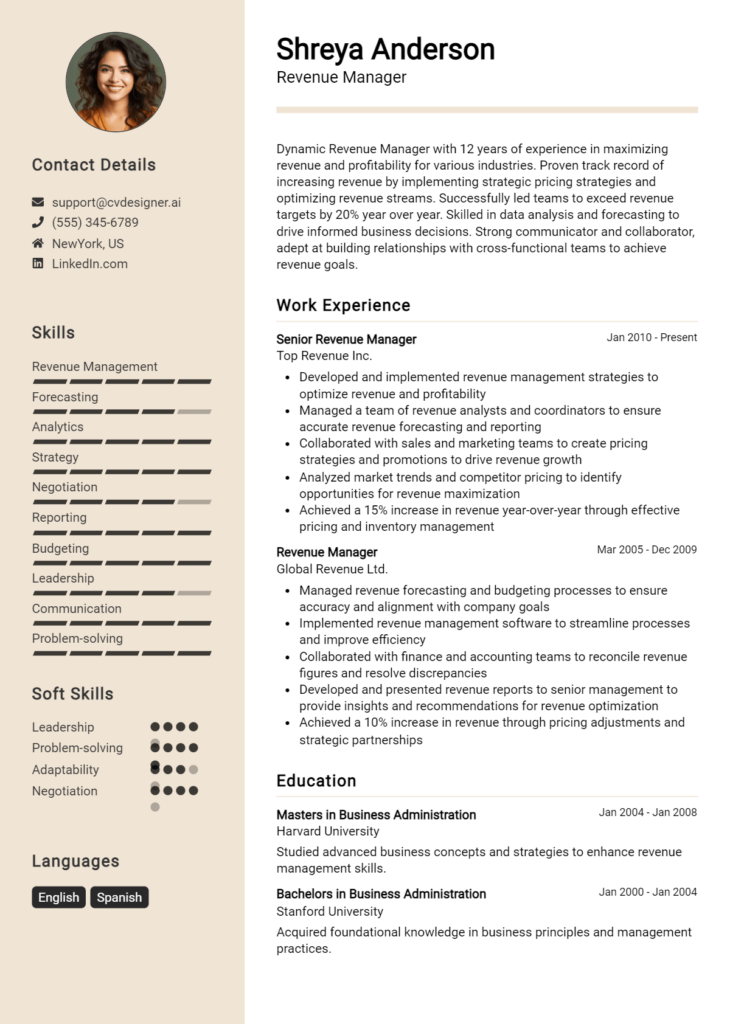 Revenue Manager Resume Example