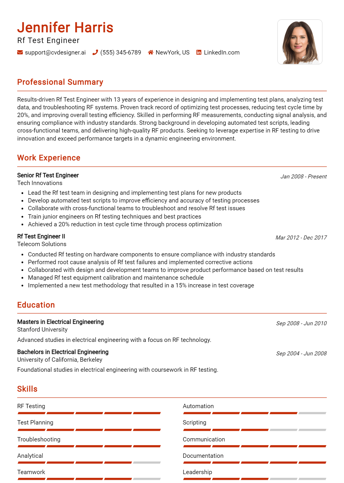RF Test Engineer Resume Example for 2026: Free Downloadable Templates Preview
