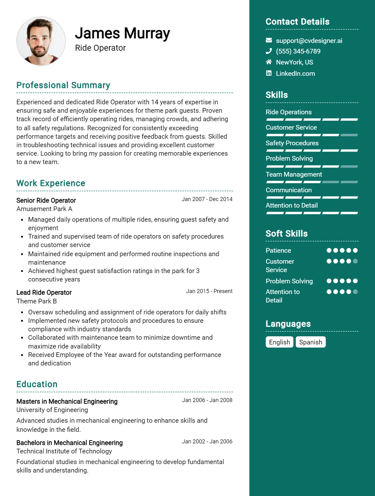 Ride Operator CV Example For 2026: Top CV Skills Preview