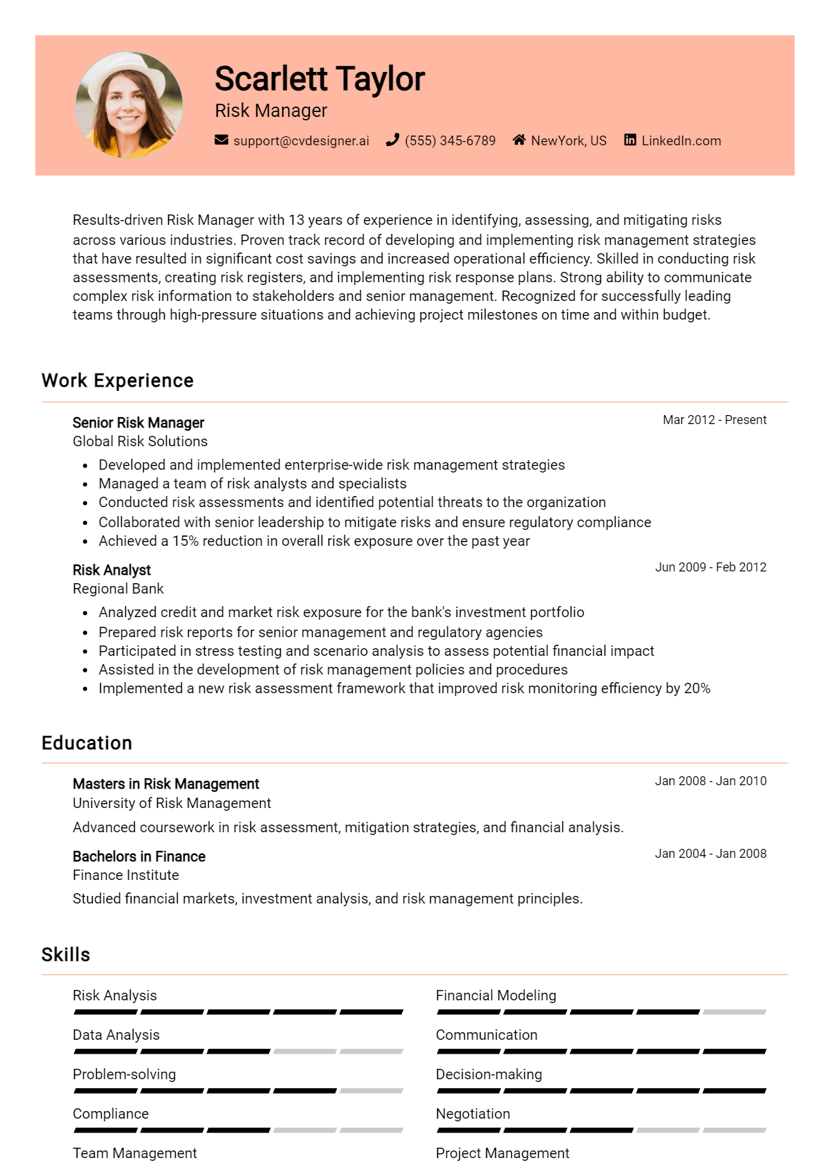 Risk Manager Resume Example for 2026: Examples & Free Templates Preview