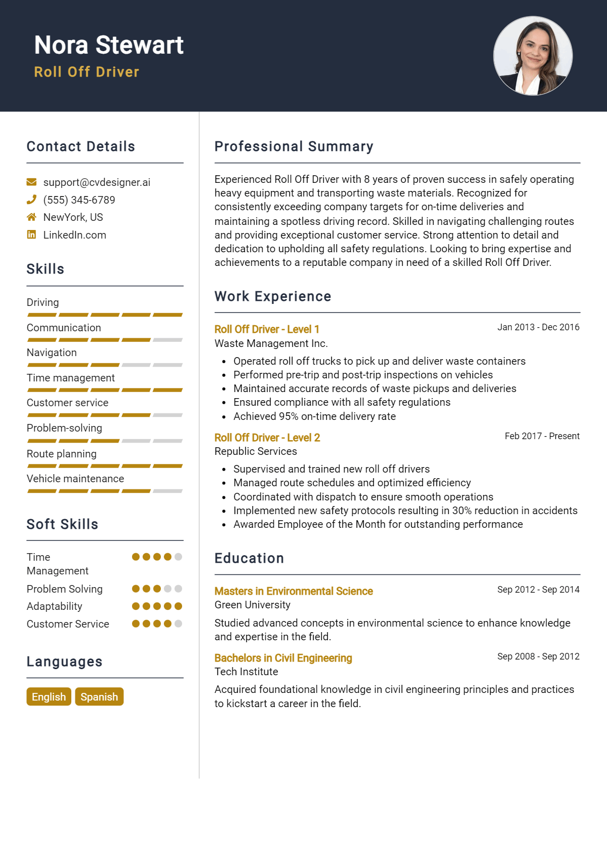 Roll Off Driver Resume Example for 2026: Examples & Free Templates Preview