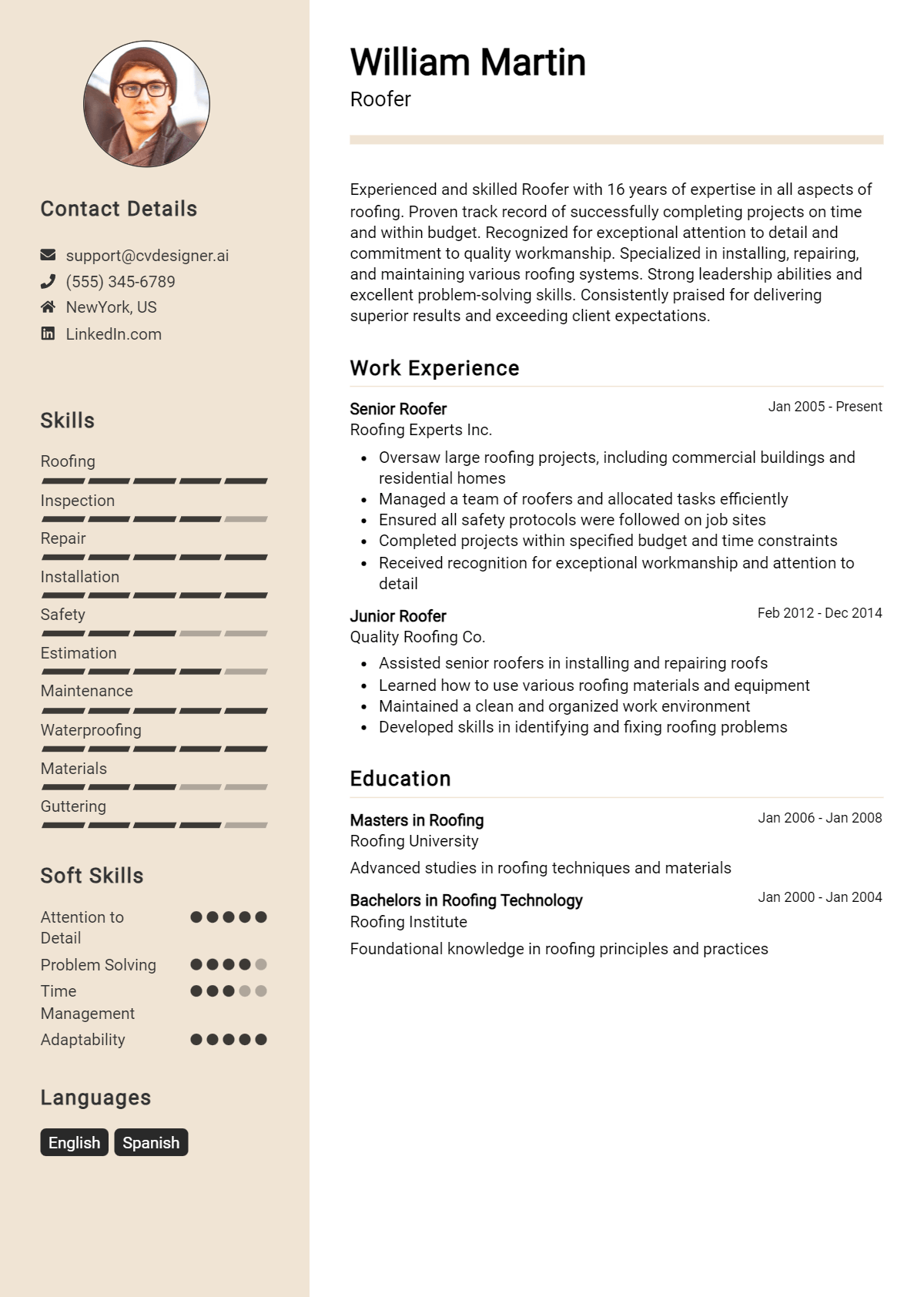 Roofer Resume Example for 2026: Professional CV Templates Preview