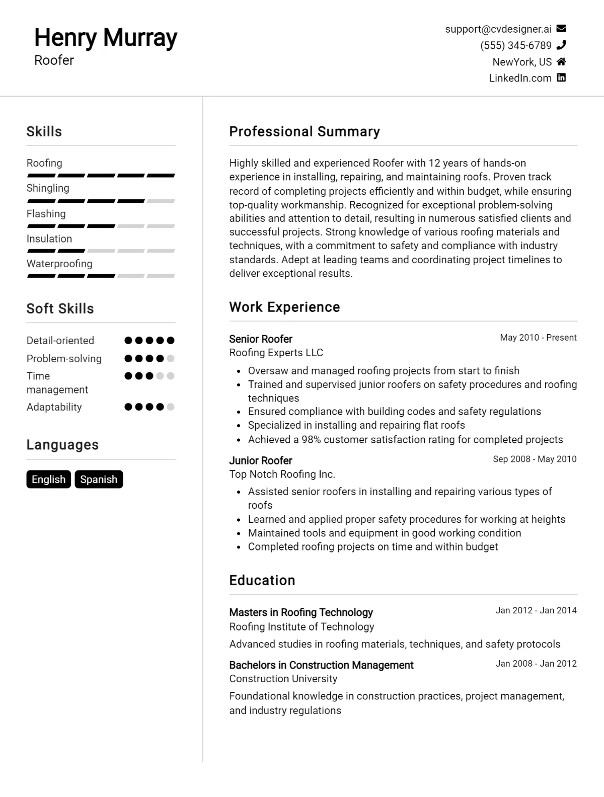 Roofer CV Example For 2026: Professional CV Templates Preview