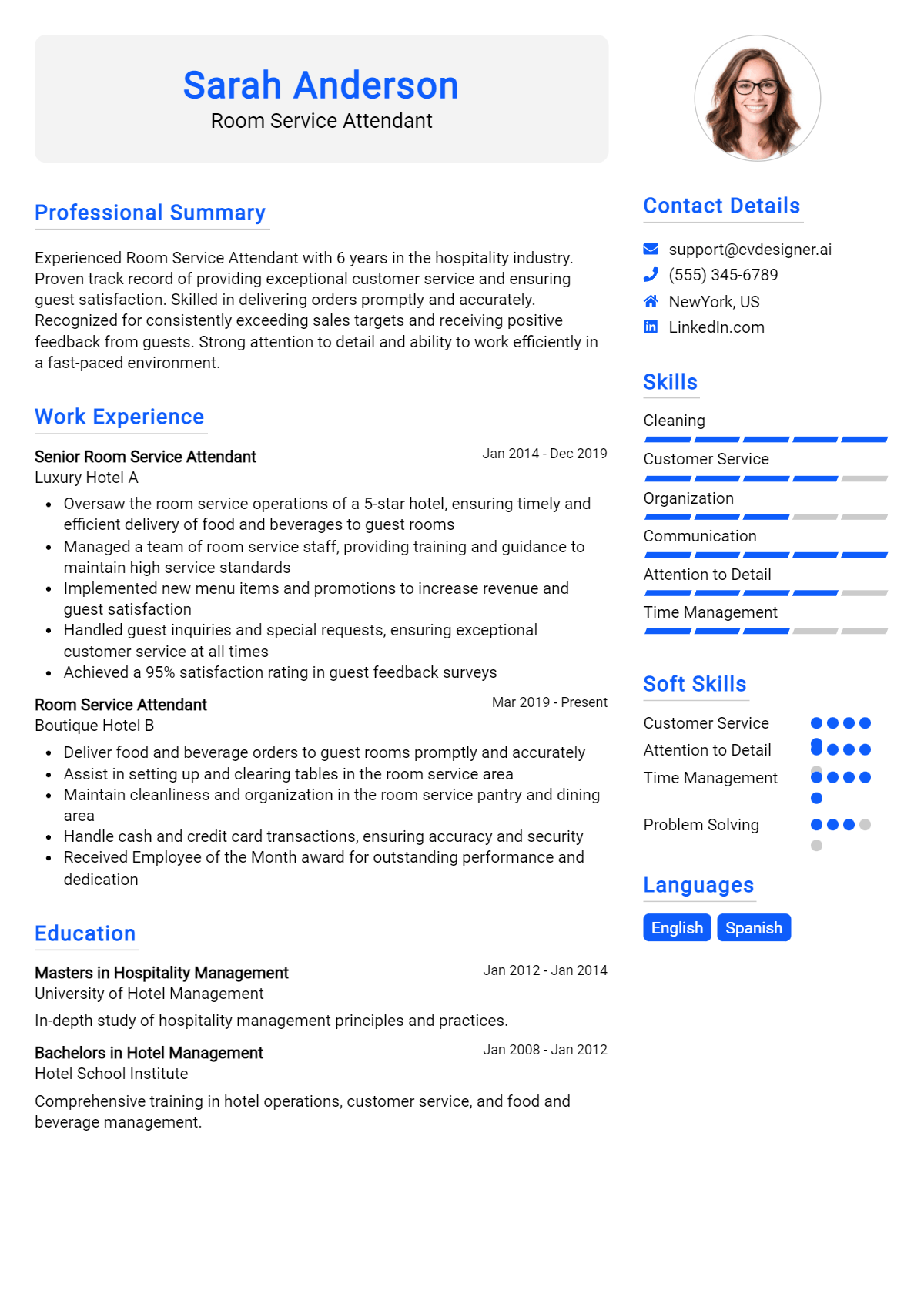Room Service Attendant Resume Example for 2026: Free Professional Templates Preview