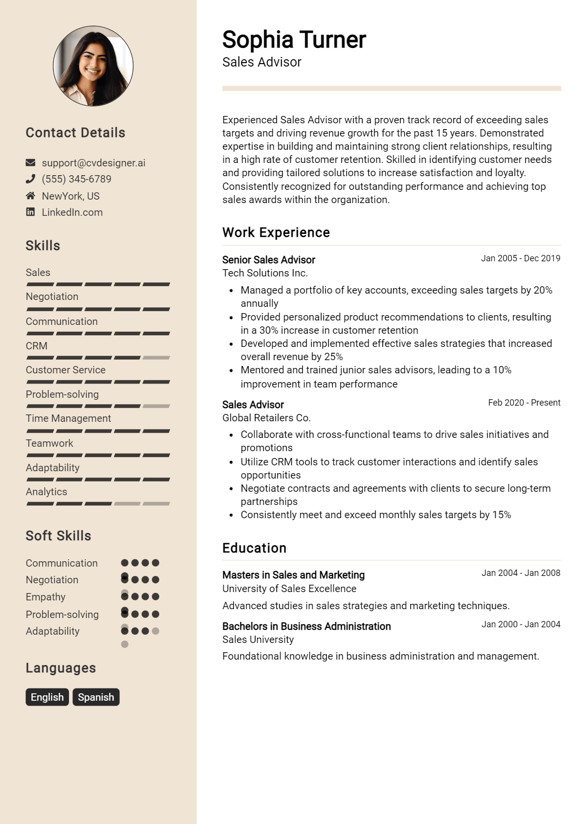 Sales Advisor Resume Example for 2026: Examples & Free Templates Preview