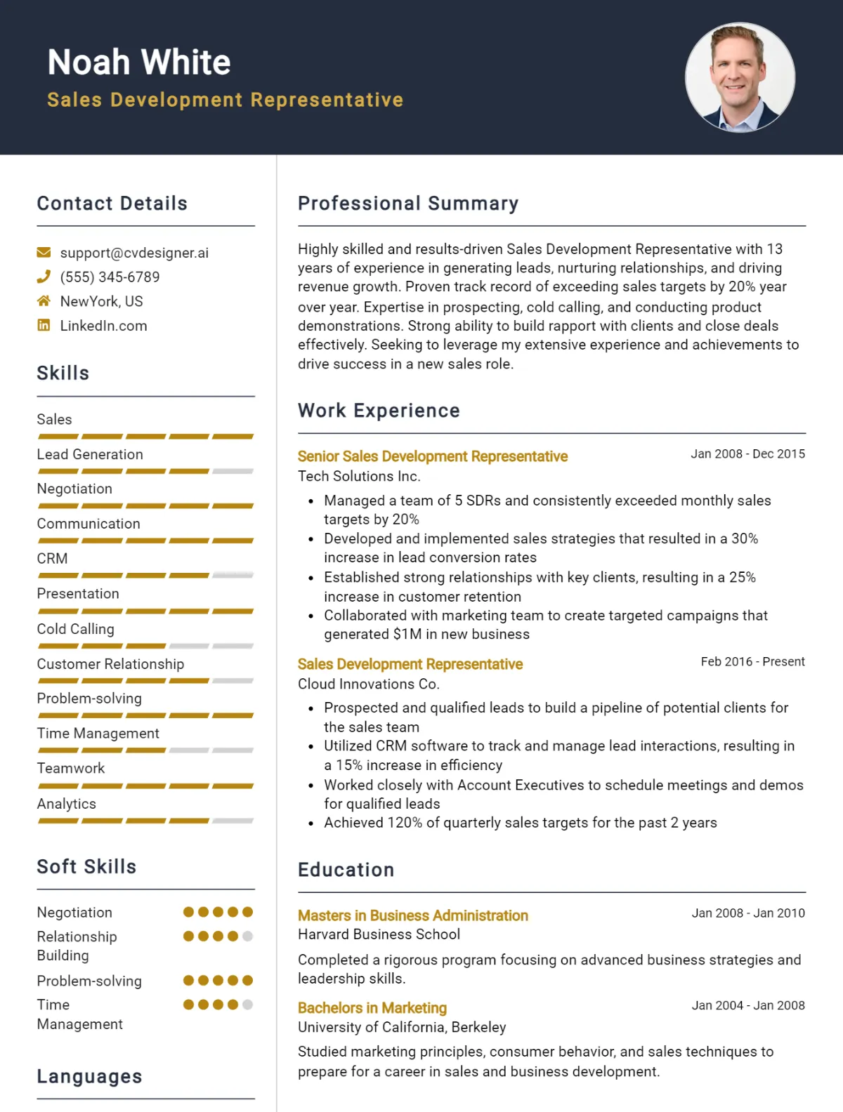Sales Development Representative CV Example For 2026: Top CV Skills Preview