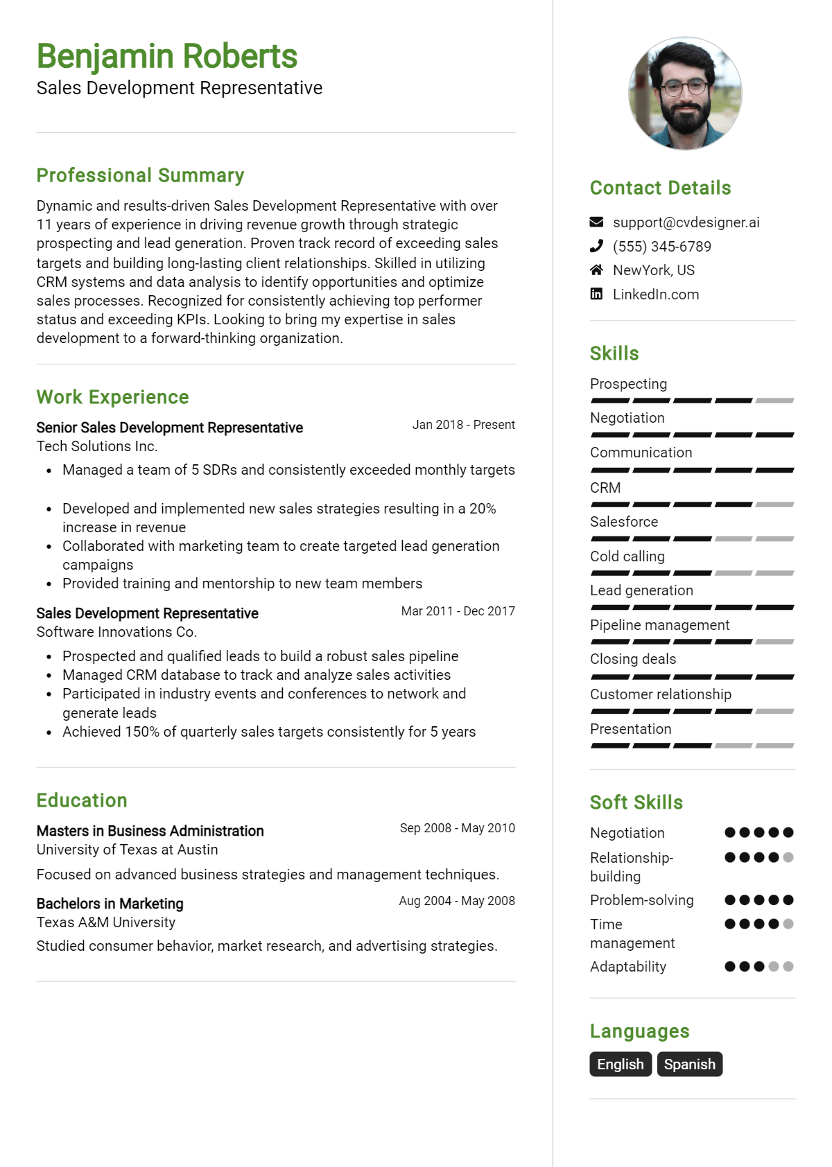 Sales Development Representative Resume Example for 2026: Top CV Skills Preview