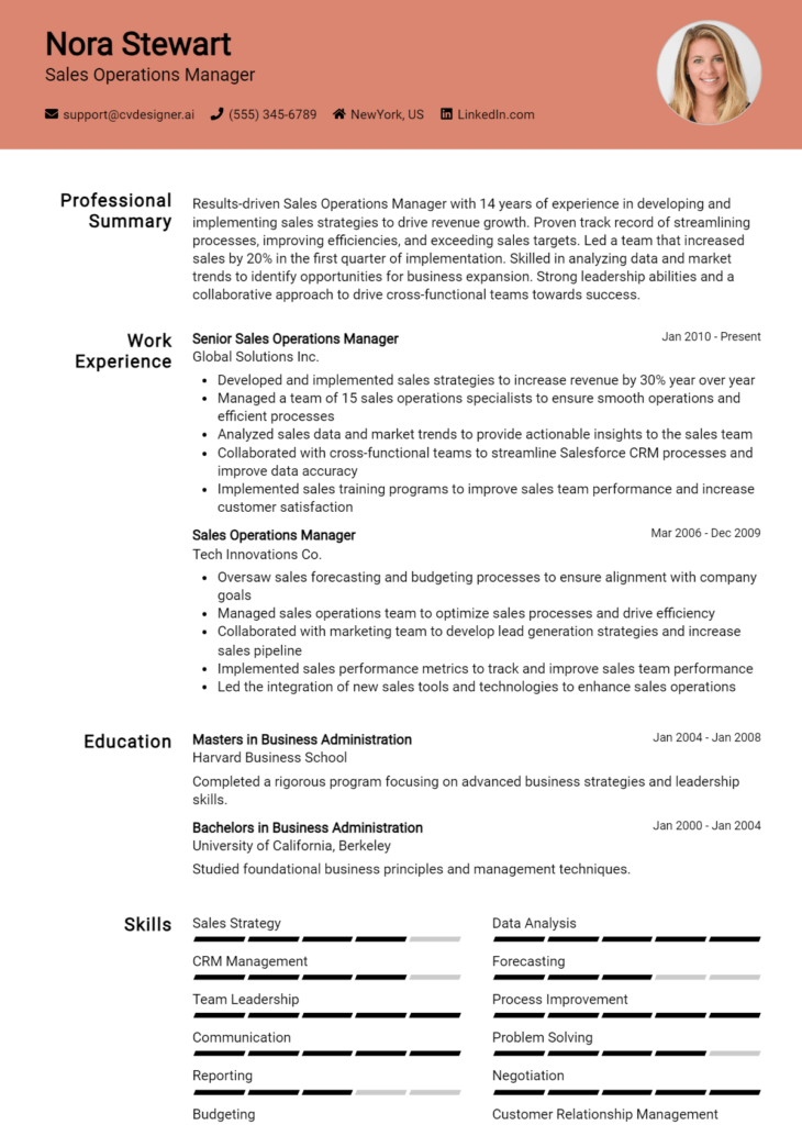 Sales Operations Manager Resume Example