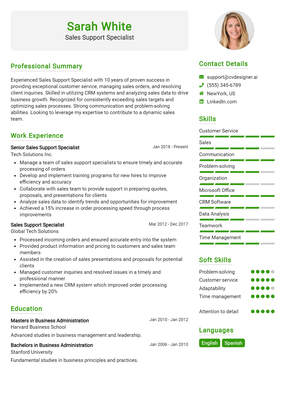 Sales Support Specialist Resume Example for 2026: Resume Guide Preview