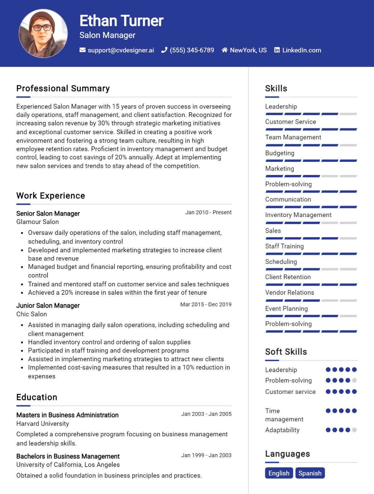 Salon Manager CV Example For 2026: Free Professional Templates Preview